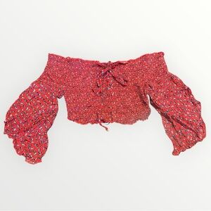 Xhilaration Cropped Red Floral Smocked Top